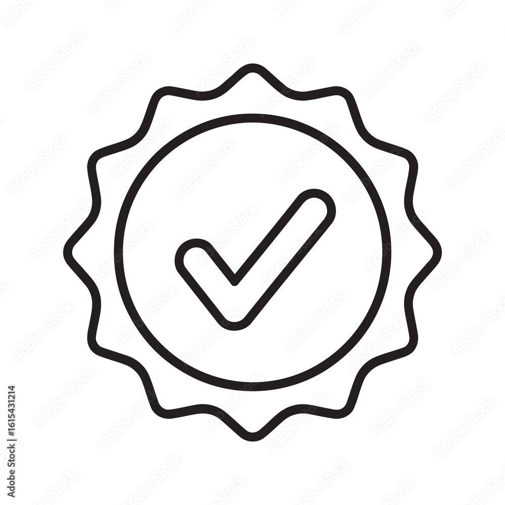 Poster line icon of a certified approval seal with a checkmark representing quality guarantee verified stan