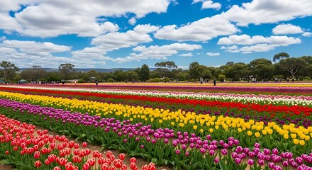 Vibrant Tulip Fields Under a Blue Sky, Showcasing the Beauty of Spring and Nature's Colorful Display