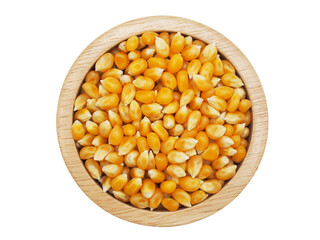 Top View of Yellow Popcorn Kernels in Wooden Bowl Isolated on White Background
