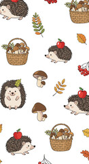Adorable autumn hedgehogs carrying baskets of mushrooms and apples in a whimsical forest setting