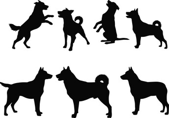 Dog silhouette collection, standing and jumping dogs, sitting dog pose, black vector animal shapes, domestic pet illustration, canine behavior art, dog figure graphic design