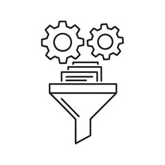 Line icon of a data funnel with gears processing information representing a lead generation filter for sales conversion and marketing analysis vector stroke