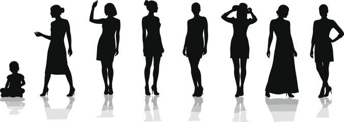 Female life stages silhouette, girl to woman growth vector, woman evolution graphic, aging concept design, black figure illustration, standing woman pose art