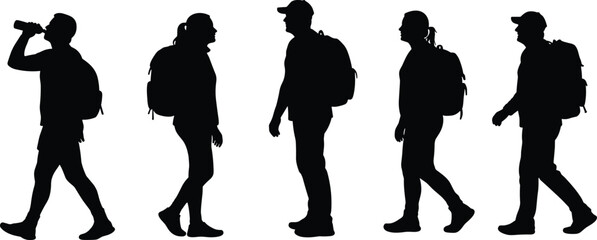 Hiking people silhouettes, walking outdoors, carrying backpack, adventure trekking, hikers drinking water, outdoor activity, travel exploration, silhouette art, nature walk, backpackers journey image