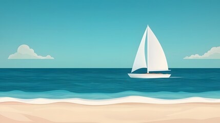 Obraz premium Minimalist illustration of a sailboat gliding on calm blue sea near a sandy beach under a clear sky.
