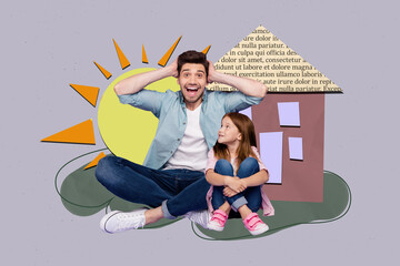 Poster trend collage of people look shock near house building on grey background