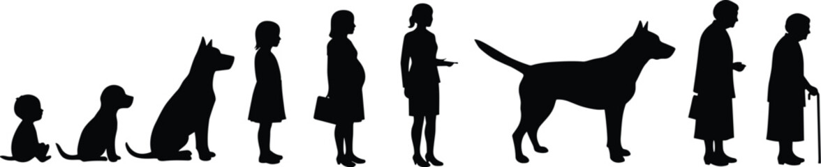 Human and dog life stages silhouette, growth evolution concept, child to elderly person, puppy to adult dog, black vector illustration, comparison graphic design