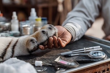 Veterinary professional gently examining the paw of a large tiger in a clinical setting, surrounded by tools
