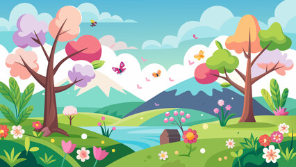 Naklejka premium Vector art of a picturesque spring scene featuring colorful trees, blooming flowers, a serene river, and distant mountains under a clear blue sky