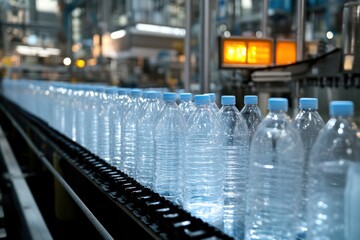 Production line of plastic bottles industrial factory gigapixel standard imagery clean environment close-up view manufacturing process
