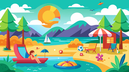 Vector art of a vibrant summer beach scene features a person relaxing on a float, a sailboat on the water, and colorful umbrellas under a bright, sunny sky