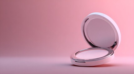 Beauty compact mirror open on pink background still life photography minimalist style close-up view