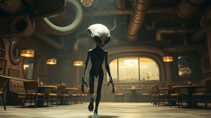 An alien in a retro diner with neon lights and red booths, creating a futuristic ambiance.