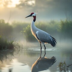 Naklejka premium Common Crane in a misty wetland at sunrise with its reflection in the water