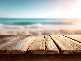 
A sunlit wooden table by the beach with blurred ocean background