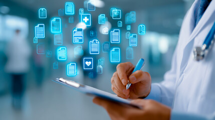 High-tech medical file management system with digital documents and icons floating in the air