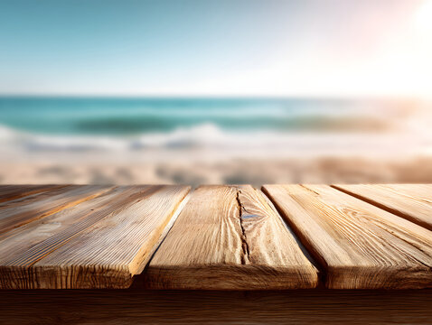 A sunlit wooden table by the beach with blurred ocean background - Powered by Adobe