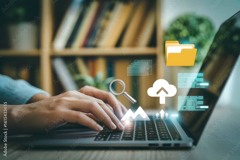 Poster data analysis and cloud computing concept with a person typing on a laptop and digital icons floatin