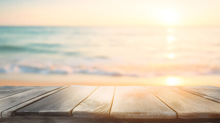Obraz premium A sunlit wooden table by the beach with blurred ocean background