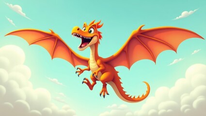 A cheerful dragon takes flight in a vibrant sky.