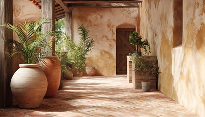 Warm terracotta-inspired tones in rustic styled entryway with imperfect charm