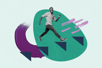 Pop zine full artwork collage of happy businesswoman businessman run arrow development receive career promotion success chance