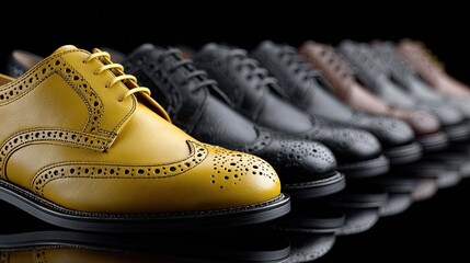 Stylish yellow leather brogues arranged in a row, highlighting luxury footwear design against a contrasting dark backdrop