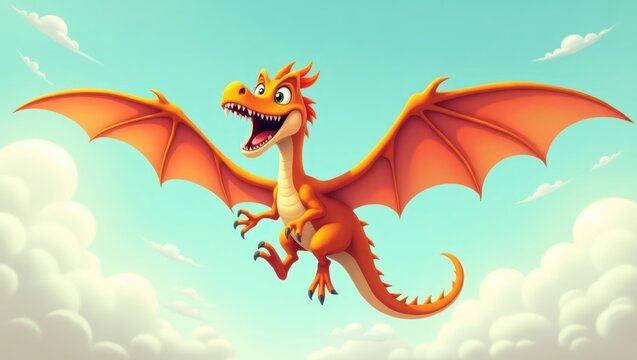 A cheerful dragon takes flight in a vibrant sky.
