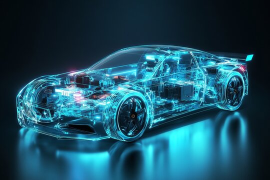 Futuristic digital blueprint of a glowing high-tech car showcasing internal electronic components in a translucent neon-blue style