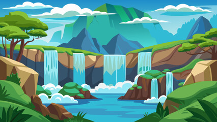 Vector art of multiple waterfalls gracefully descend rocky ledges into a tranquil river, set against a backdrop of verdant hills and majestic mountains with scattered clouds