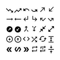A collection of various arrow icons in a clean black and white style. Perfect for design projects, navigation, and user interface elements. Variety of directions and shapes.