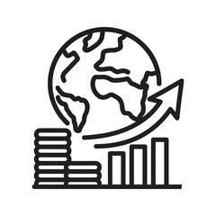 Global economy line icon. Vector illustration of a world globe with stacked coins and a rising bar chart, symbolizing international finance and market growth.
