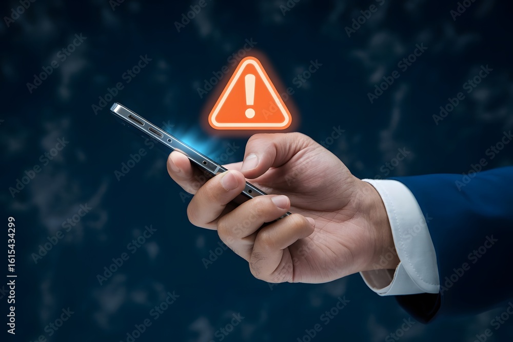 Poster man holding smartphone with orange warning sign representing security alert error message or potenti