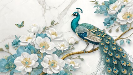 Elegant Teal Peacock Perched on Gold Branch Amidst White and Teal Flowers on Marble Background