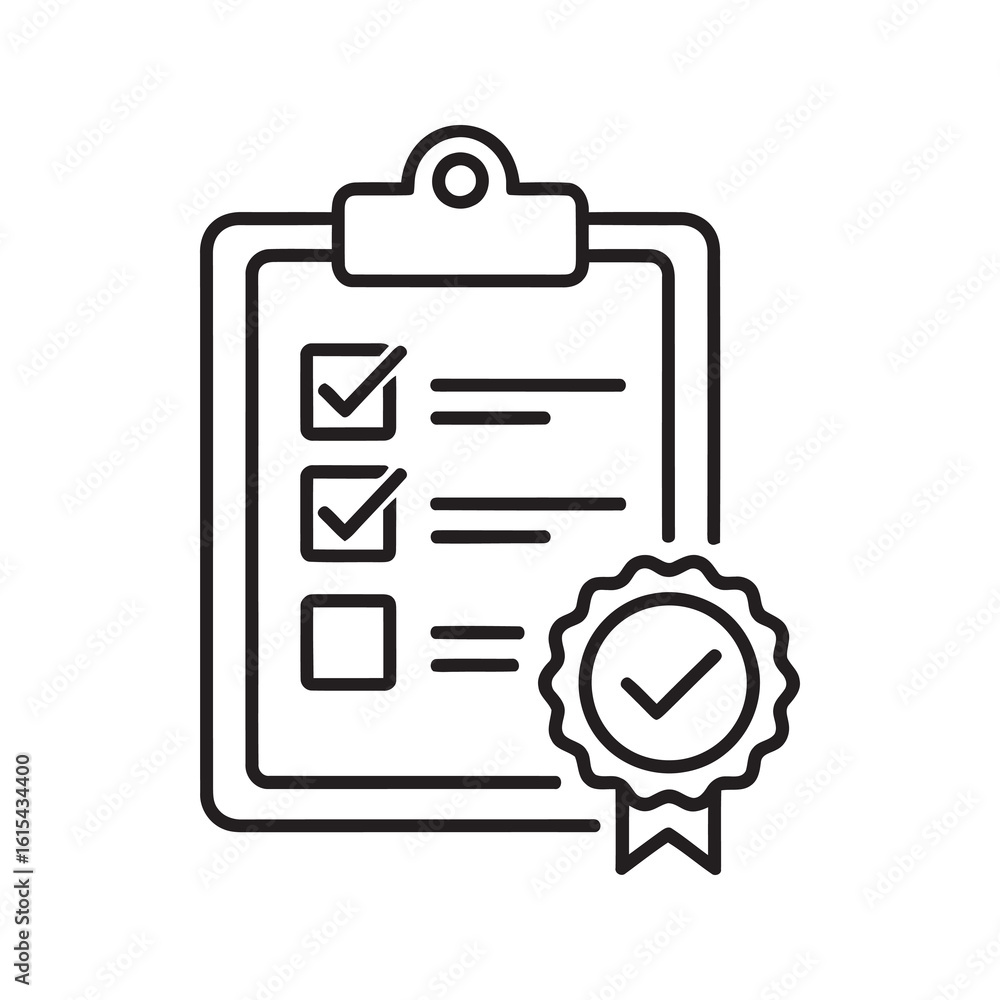 Poster line icon of an approved checklist on a clipboard with a seal representing a completed task list ver