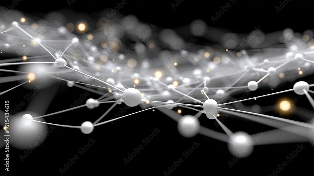 Poster dense network of white dots and lines create an intricate pattern highlighted by subtle lighting eff