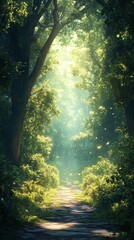Walking on Stone Path Through Sunlit Green Forest