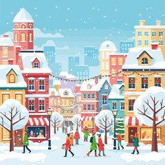 Fototapeta premium Winter town scene with snow covering buildings and walking people. Snowy winter town with illuminated windows during the Winter season, and lights strung across the road.