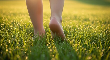 Barefoot on lush green grass sparkling with morning dew invites peaceful mindfulness and connection with nature