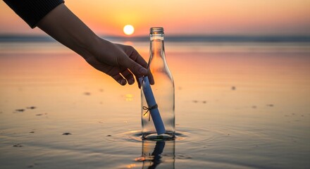 Discover a heartfelt message in a bottle at sunset, creating a sense of mystery and hope on the beach