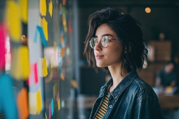 A thoughtful young woman with glasses studies colorful sticky notes on a glass wall in a modern workspace.