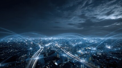 A futuristic cityscape at night illuminated by blue digital network lines representing connectivity and smart technology integration.