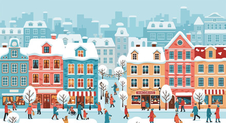 Naklejka premium Winter city scene showing colorful buildings and a snowy street filled with people enjoying holiday season. Winter city illustration of vintage architecture under snow showcases festive atmosphere,