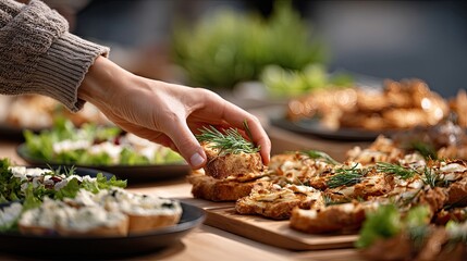 A person samples various types of cheese during a warm outdoor gathering while others enjoy drinks and food at wooden tables