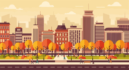 Obraz premium Autumn city park illustration with colorful foliage, trees, and distant skyscrapers. Autumn city park offers a peaceful escape amidst urban structures,