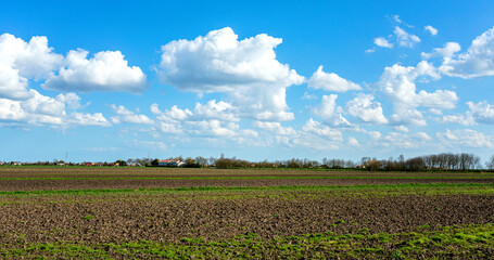 Panorama of Northern Italian landscapes. Expansive agricultural landscape featuring freshly plowed brown soil ready for the new sowing season. Rural tranquility