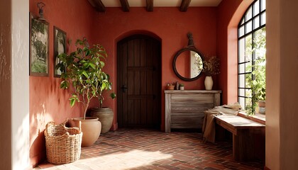 Warm terracotta-inspired tones in rustic styled entryway with imperfect charm