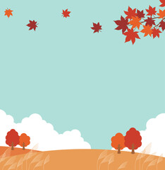 Background illustration with an autumn theme. An autumn landscape with reeds, maple trees, and a sky filled with fluffy clouds.