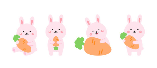 Cute pink rabbits holding carrots with playful expressions. Hand-drawn in pastel colors, perfect for kids’ products, Easter cards, or nursery decor.