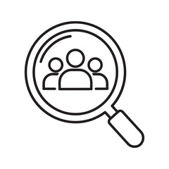 Line icon of a magnifying glass over a group of people representing human resource search talent acquisition and customer demographic research vector stroke